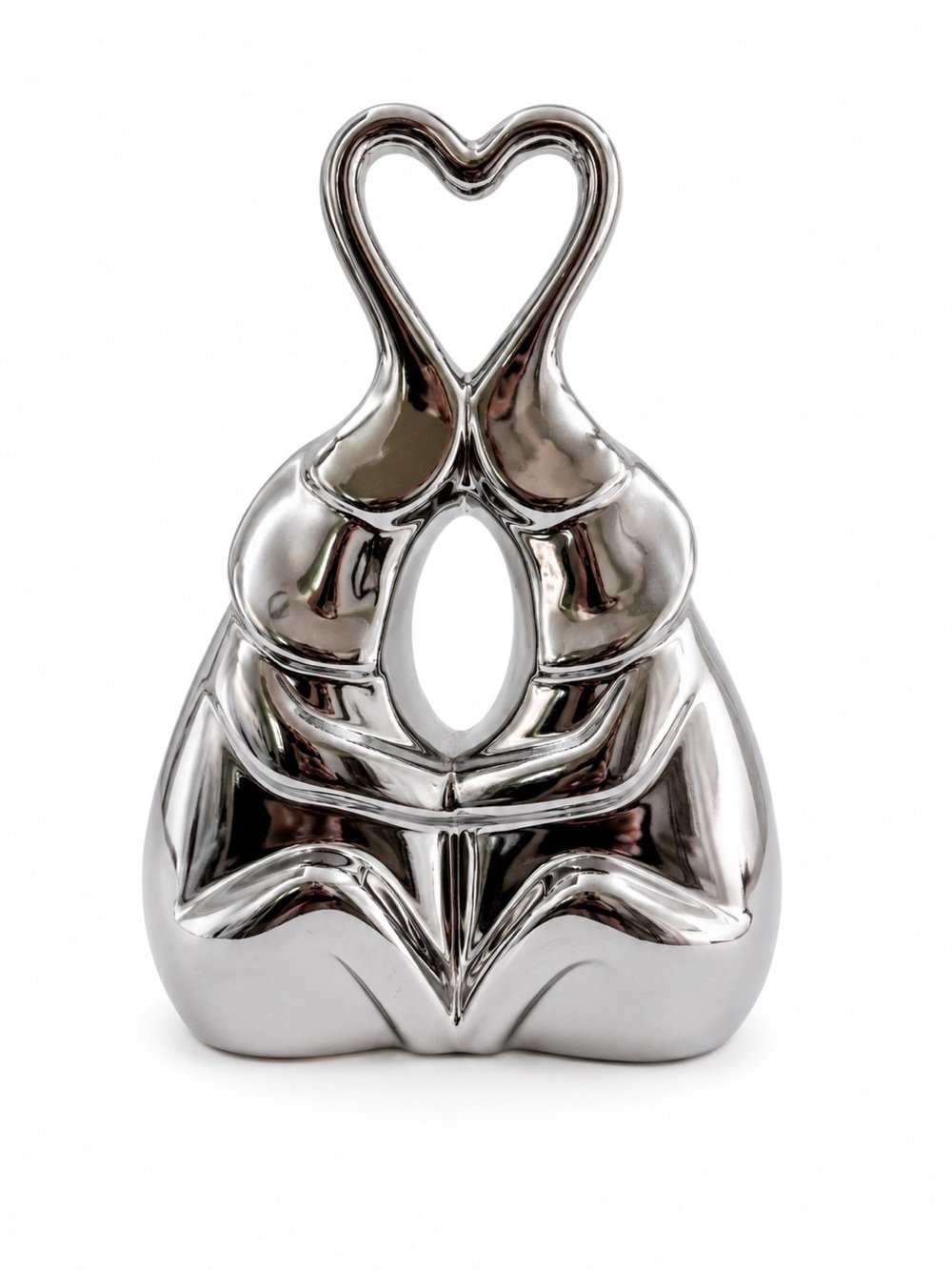 Silver Ceramic Heart-Topped Elephant Couples Sculpture